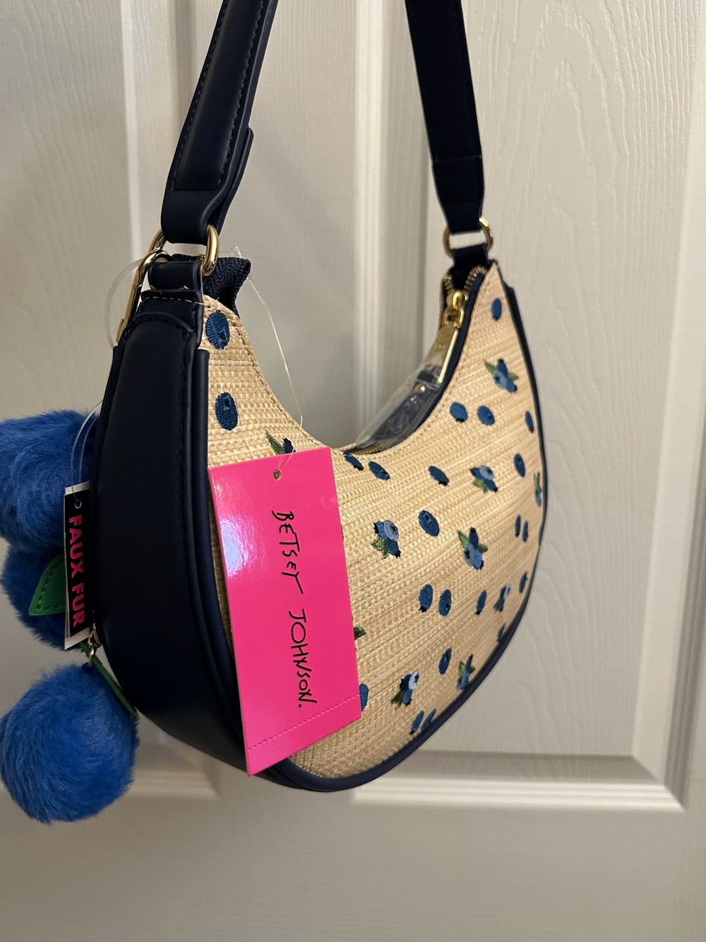 Betsey Johnson Navy Trim Straw Shoulder Bag with a Blue Pom Pom Charm - Picture 4 of 16